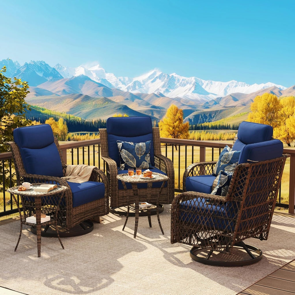 PIZZELLO Outdoor Swivel Rocker Chairs 6 Pieces Wicker Swivel Patio Chair with Rattan Side Table, 5' Extra Thick Cushions and 25' Full Support Back, Patio Furniture Set for Outside Porch Deck