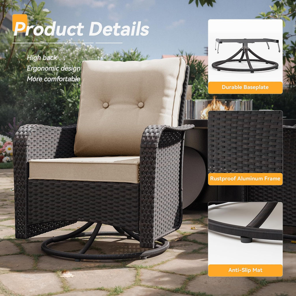 Kurapika 5 Pieces Patio Furniture Set, Rattan Wicker Outdoor Conversation Sets, 4 Woven Rattan Swivel Chairs w/48in Propane Fire Pit Table and Thickened Cushions, Sand