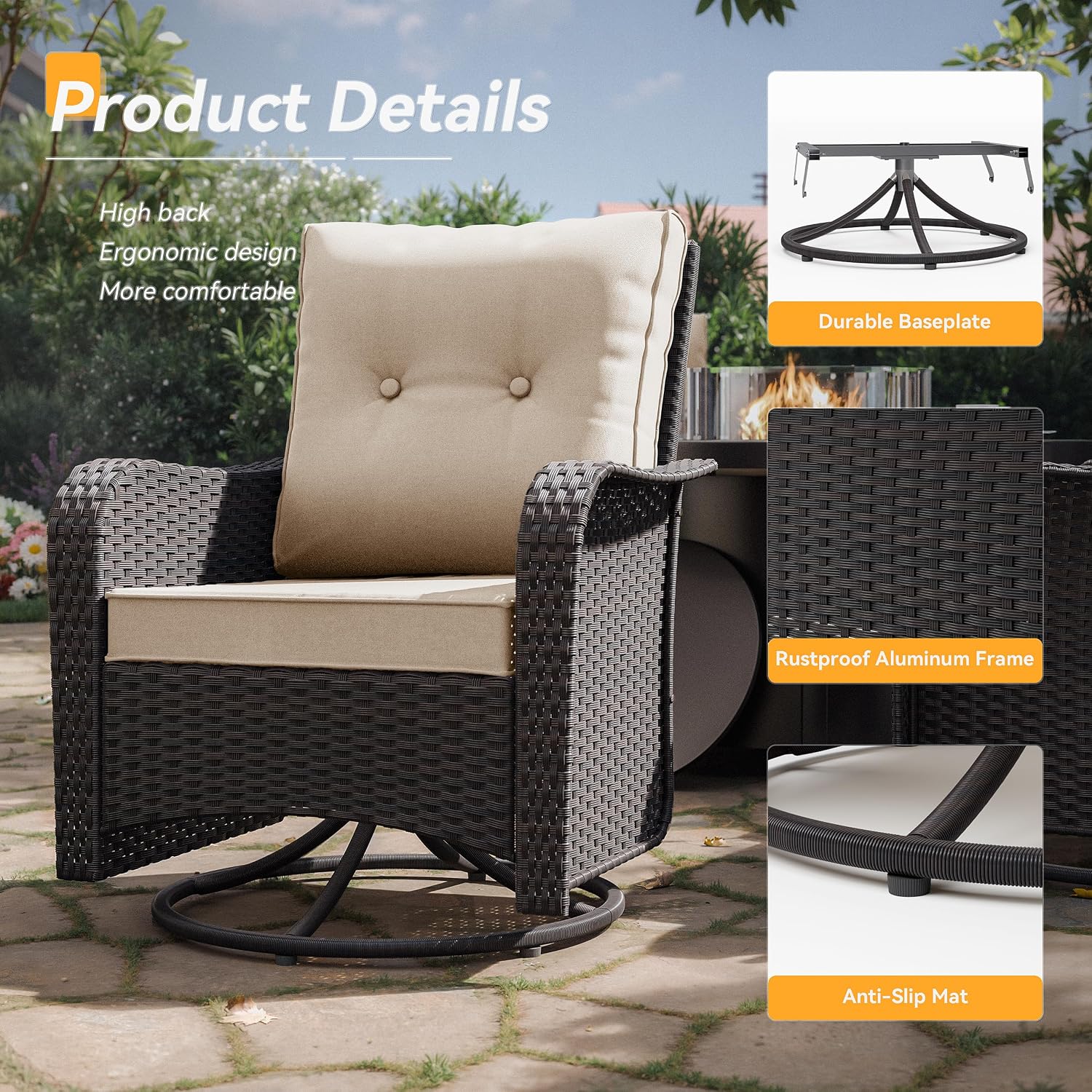 Kurapika 5 Pieces Patio Furniture Set, Rattan Wicker Outdoor Conversation Sets, 4 Woven Rattan Swivel Chairs w/48in Propane Fire Pit Table and Thickened Cushions, Sand