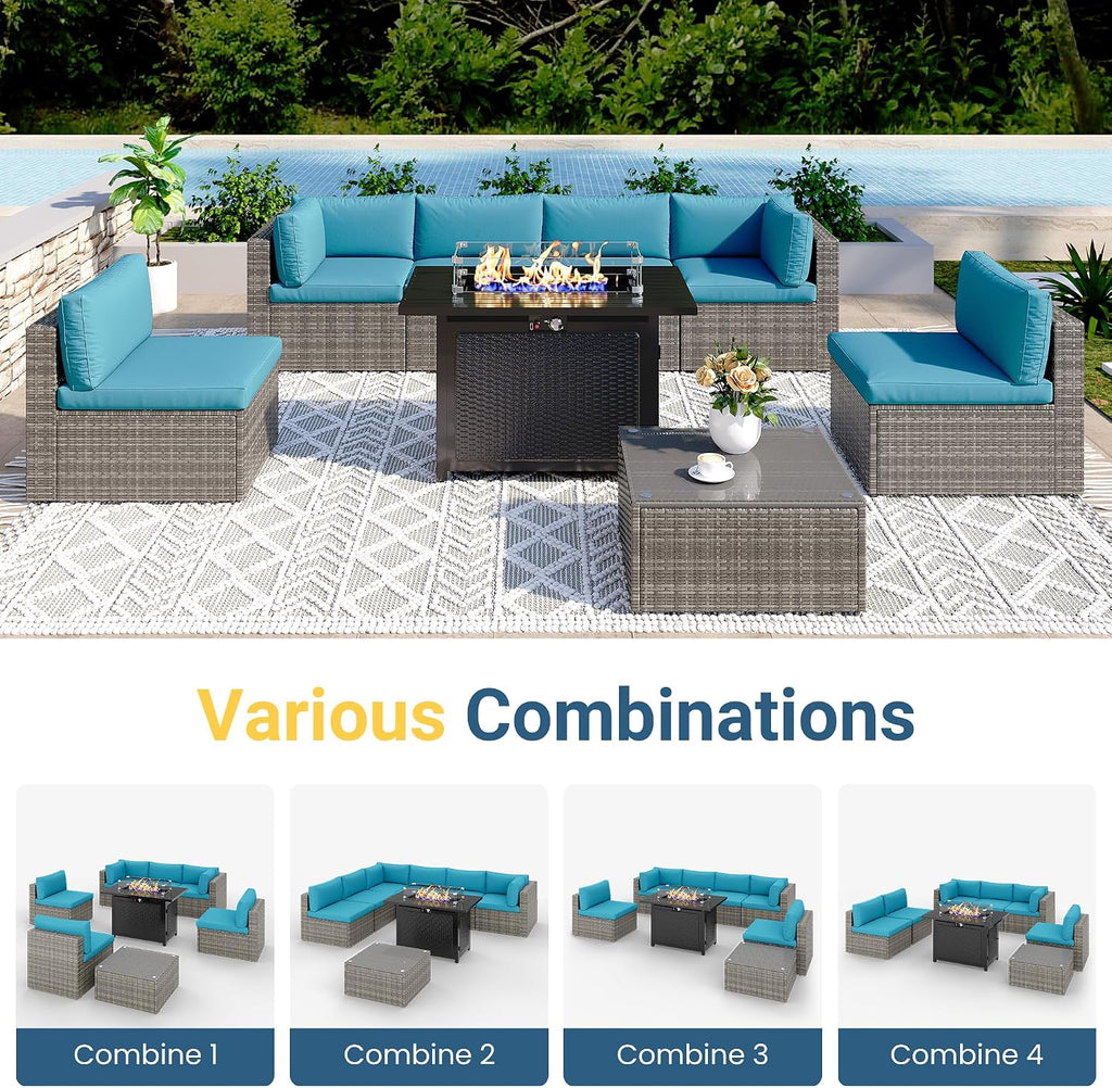 8 Pieces Outdoor Patio Furniture Set with 43' Fire Pit Table, Wicker Outdoor Patio Sectional Sofas Coffee Table, All-Weather Patio Conversation Set with Cushions for Garden Backyard, Light Blue