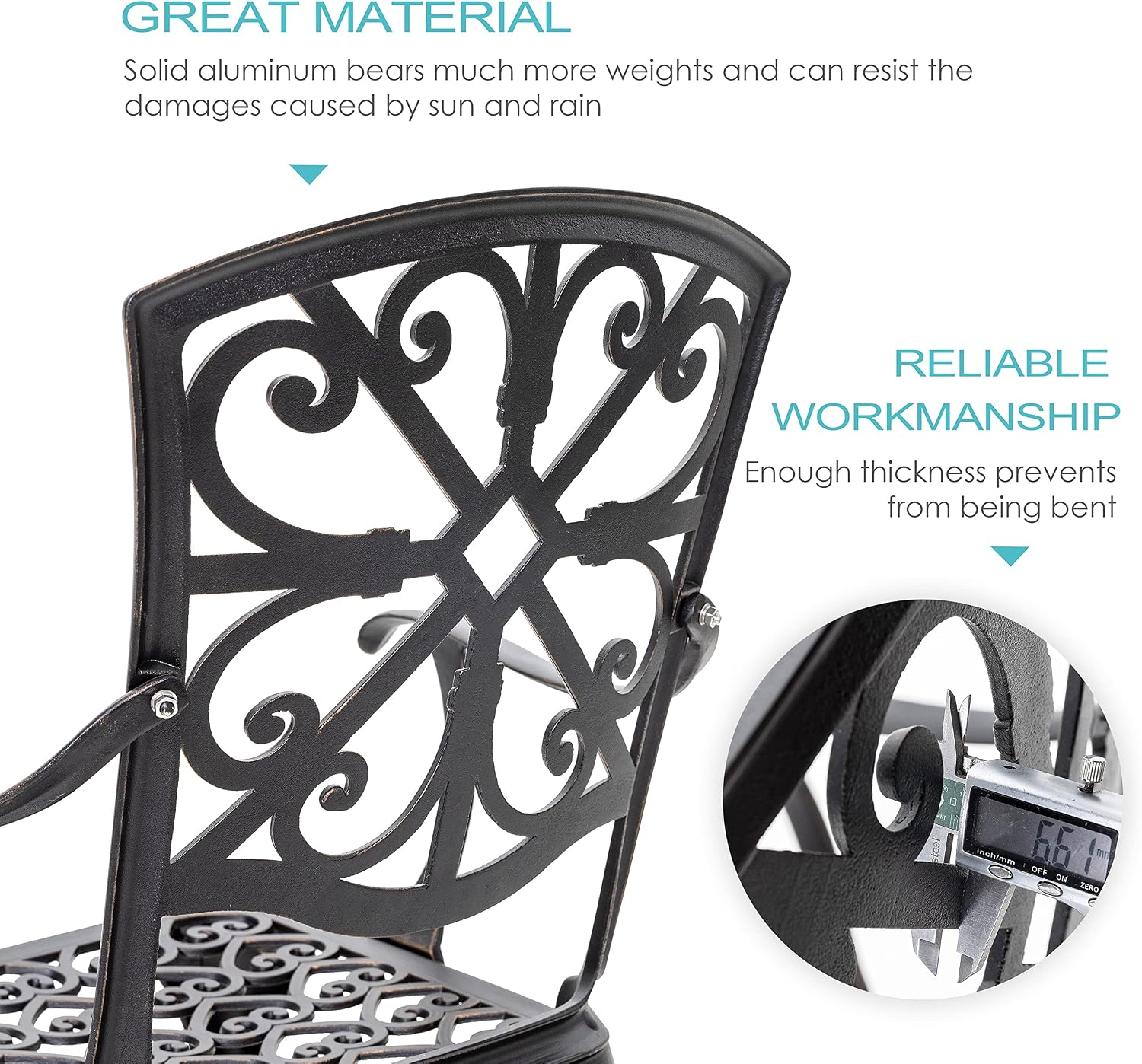 NUU GARDEN 3 Piece Outdoor Bistro Set Cast Aluminum Bistro Table Set Patio Table and Chairs with Umbrella Hole for Backyard, Balcony, Front Porch, Black