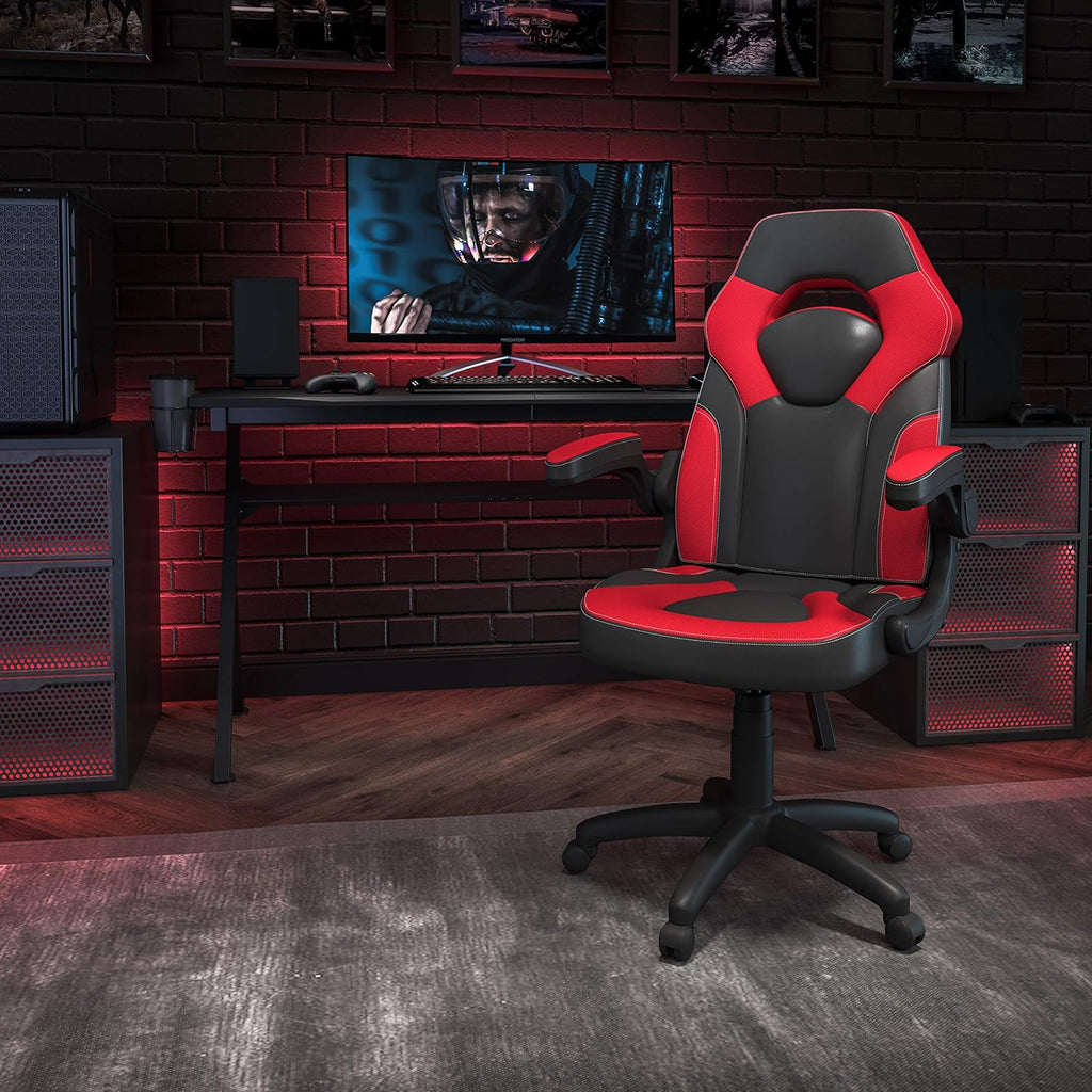 Flash Furniture X10 High-Back LeatherSoft Racing Style Gaming Chair with Flip-Up Arms, Ergonomic Padded Swivel Computer Chair, Red/Black