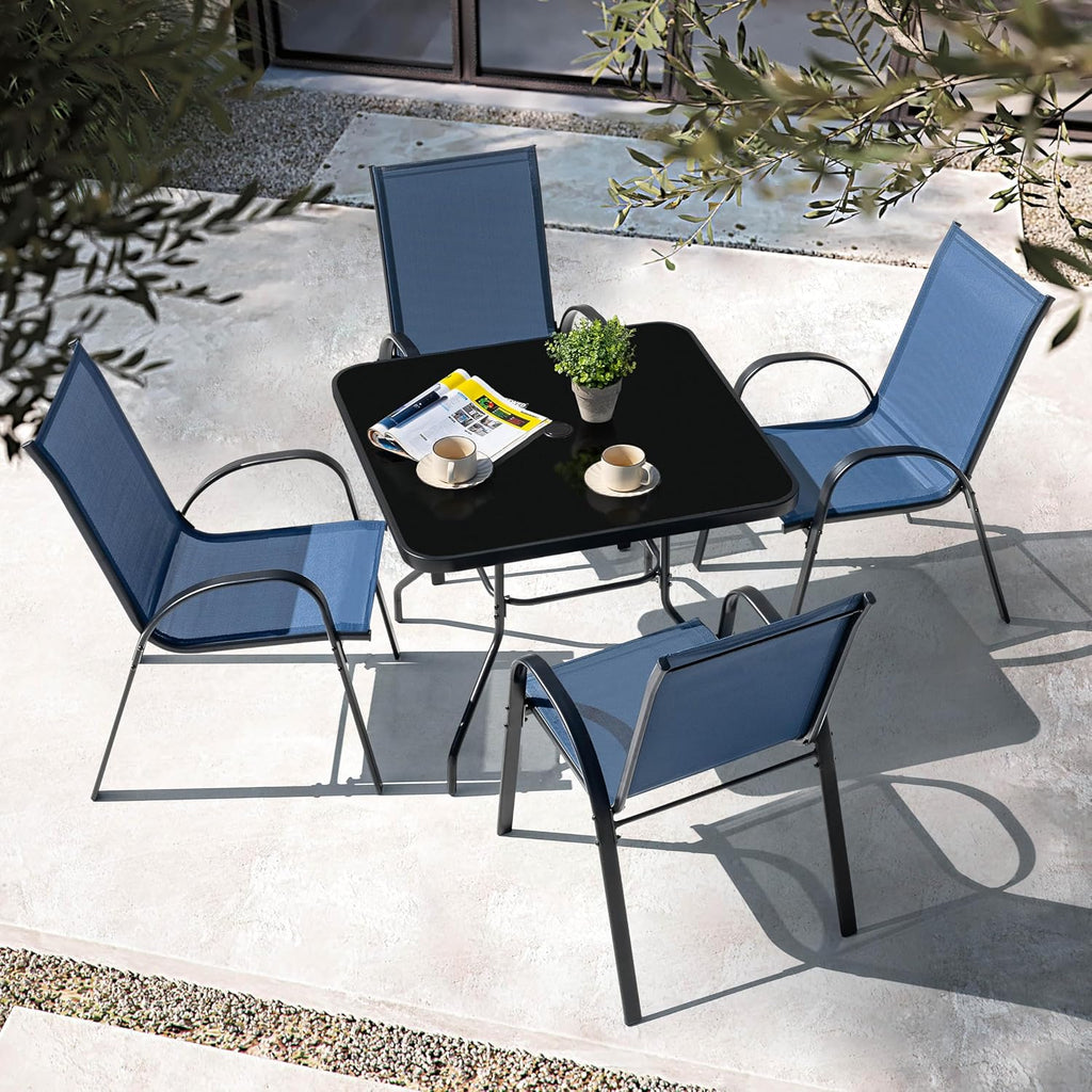 NUU GARDEN 5 Piece Patio Dining Set, 31.5 Inch Square Metal Table with Umbrella Hole and 4 Stackable Chairs, Outdoor Dining Furniture for Lawn Balcony Garden, Black and Blue