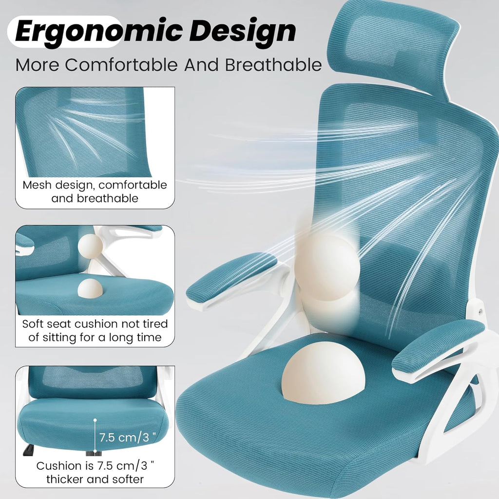 Fizzin Ergonomic Office Chair, 400 LBS Computer Chairs with Adjustable Lumbar Support, Breathable Mesh Desk Chair Ergonomic with Thickened Cushion, Comfy Home Office Desk Chair (Lake Blue)