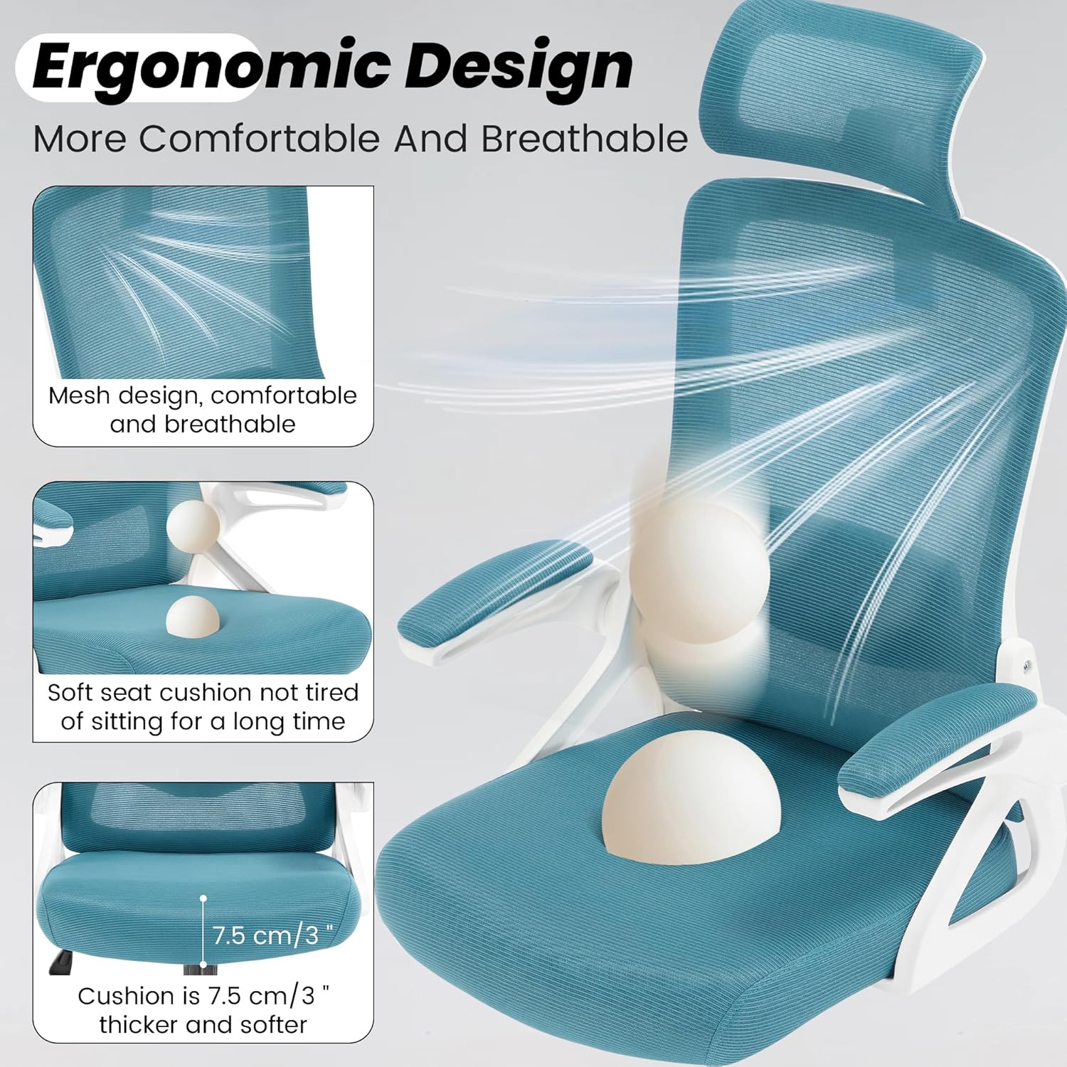 Fizzin Ergonomic Office Chair, 400 LBS Computer Chairs with Adjustable Lumbar Support, Breathable Mesh Desk Chair Ergonomic with Thickened Cushion, Comfy Home Office Desk Chair (Lake Blue)
