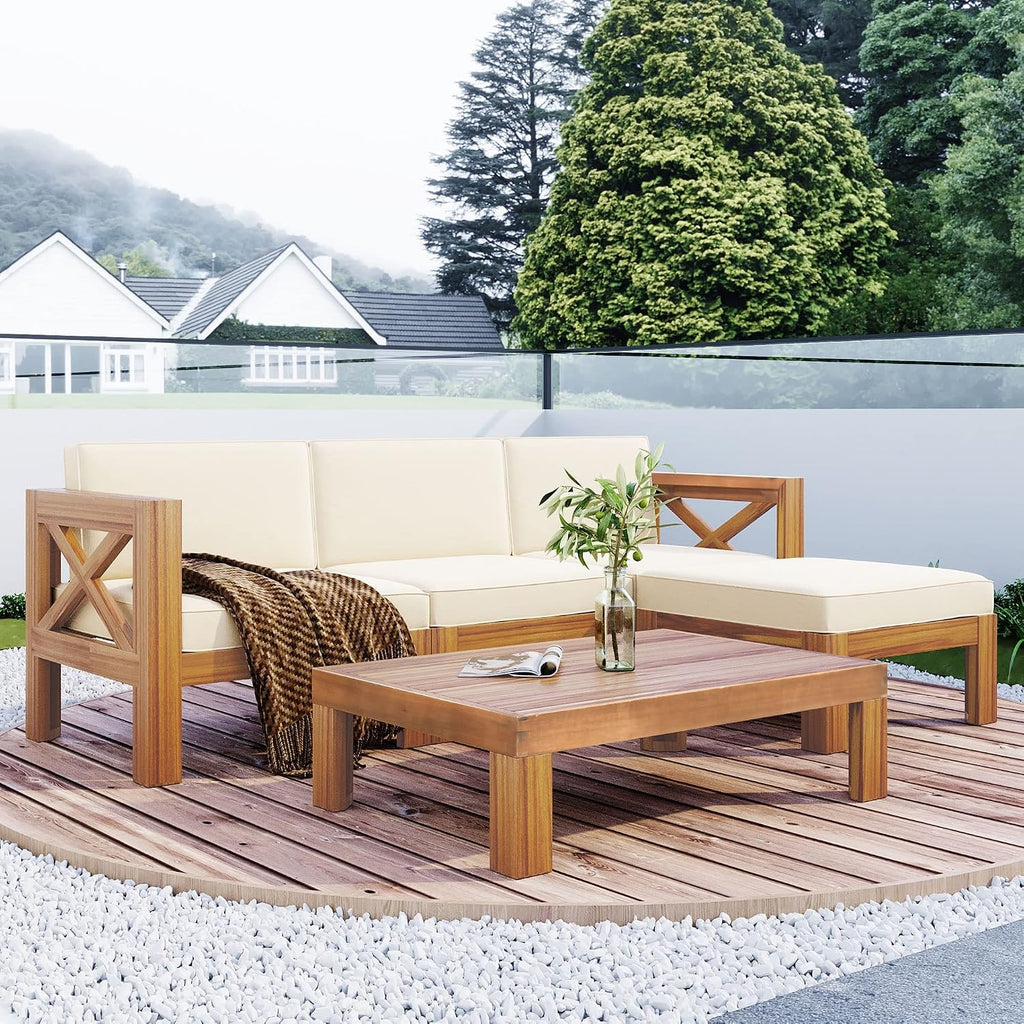 Upgrade Acacia Wood Outdoor Patio Sectional Sofa Set, 5-Piece All-Weather Conversation Sofa Set with Cushions and Side Coffee Table for Balcony Garden Backyard Poolside (Beige-UP)
