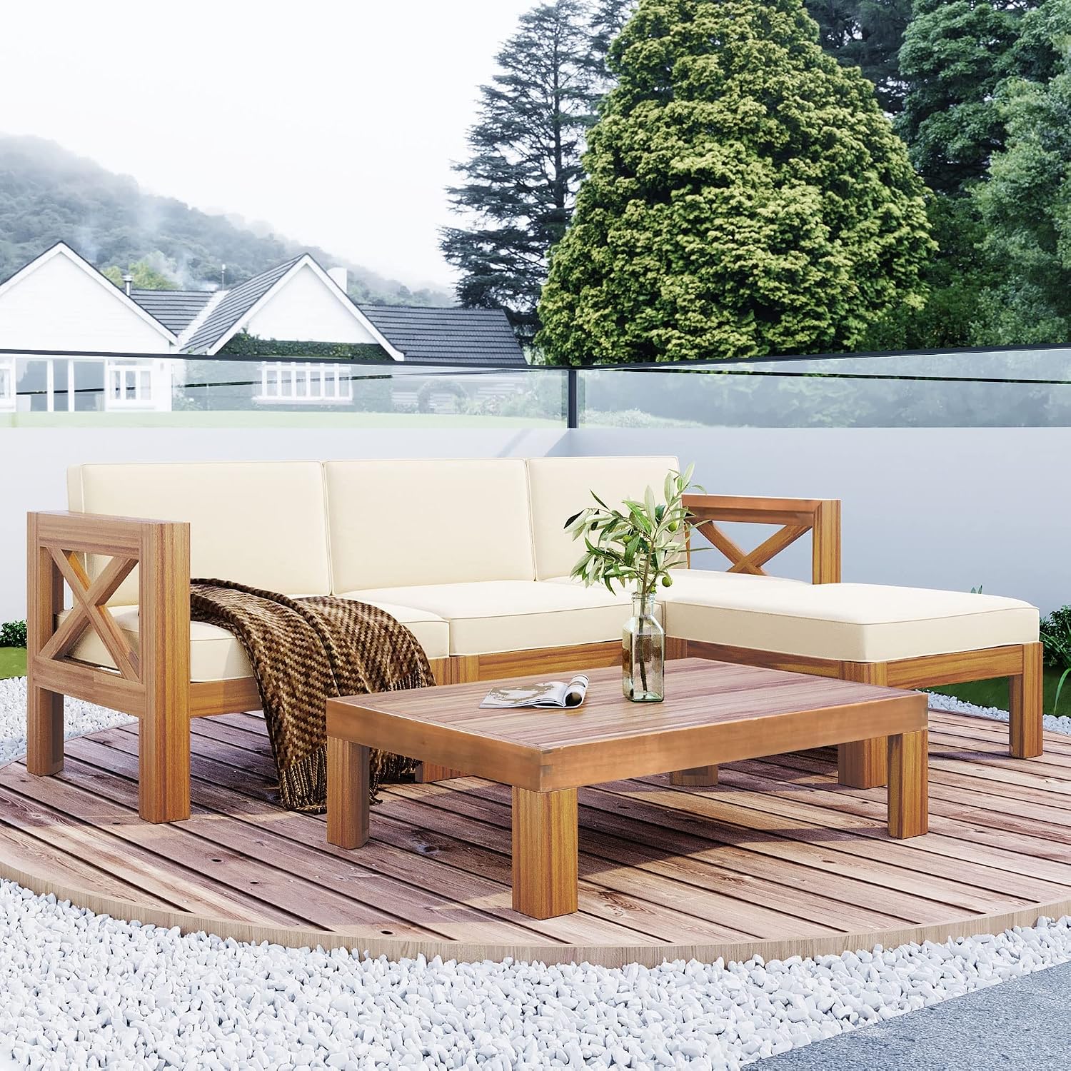 Upgrade Acacia Wood Outdoor Patio Sectional Sofa Set, 5-Piece All-Weather Conversation Sofa Set with Cushions and Side Coffee Table for Balcony Garden Backyard Poolside (Beige-UP)