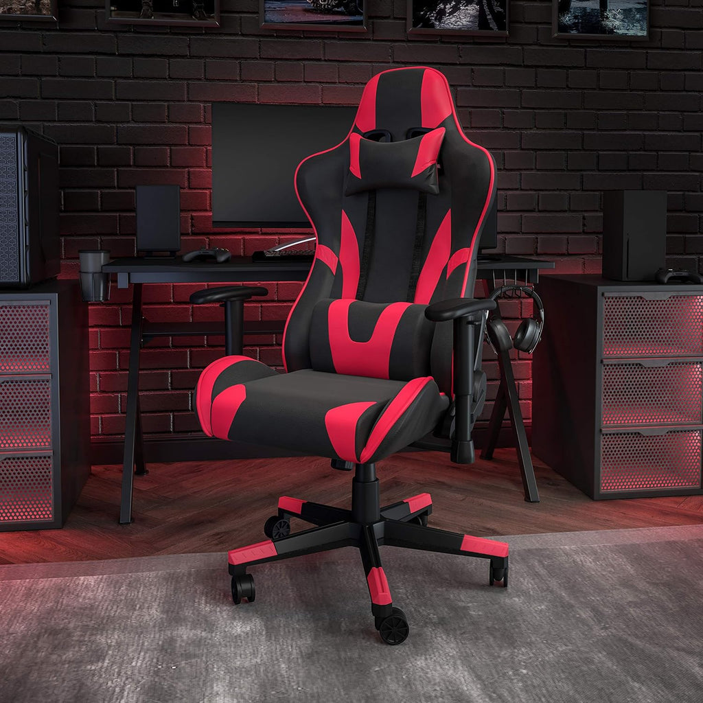 Flash Furniture X20 Fully Reclining LeatherSoft Racing Style Gaming Chair with and Lumbar Pillows, Ergonomic Padded Swivel Computer Chair, Red/Black