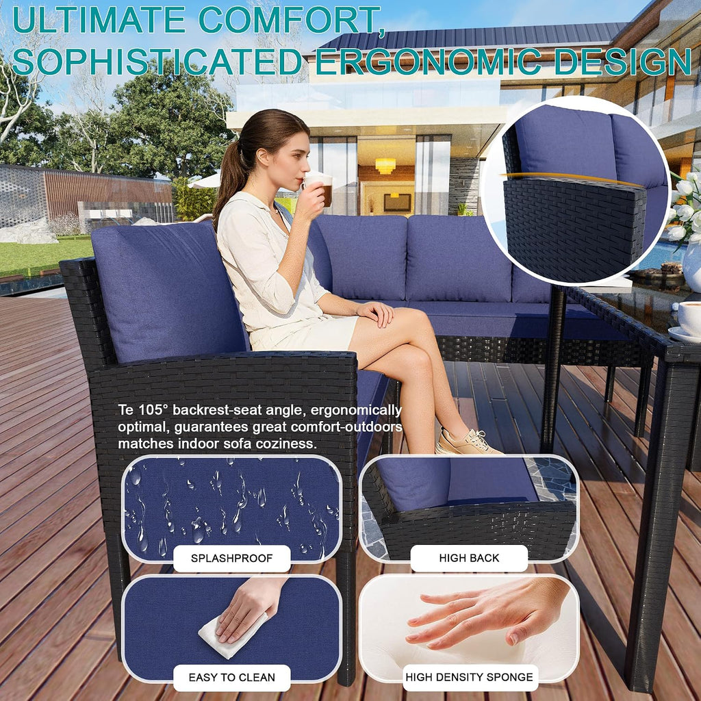 7-Piece Patio Furniture Set, Outdoor Couch with Dining Table & Ottomans, PE Rattan Sofa Set with Cushions for Deck, Yard, Poolside (Blue)