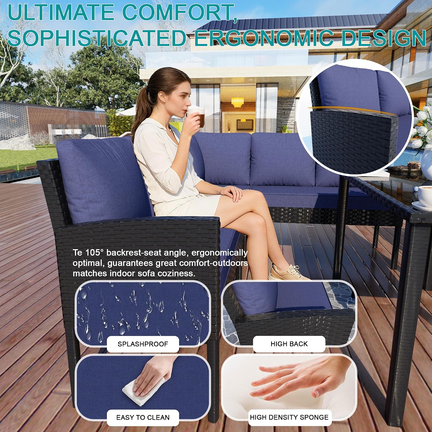 7-Piece Patio Furniture Set, Outdoor Couch with Dining Table & Ottomans, PE Rattan Sofa Set with Cushions for Deck, Yard, Poolside (Blue)
