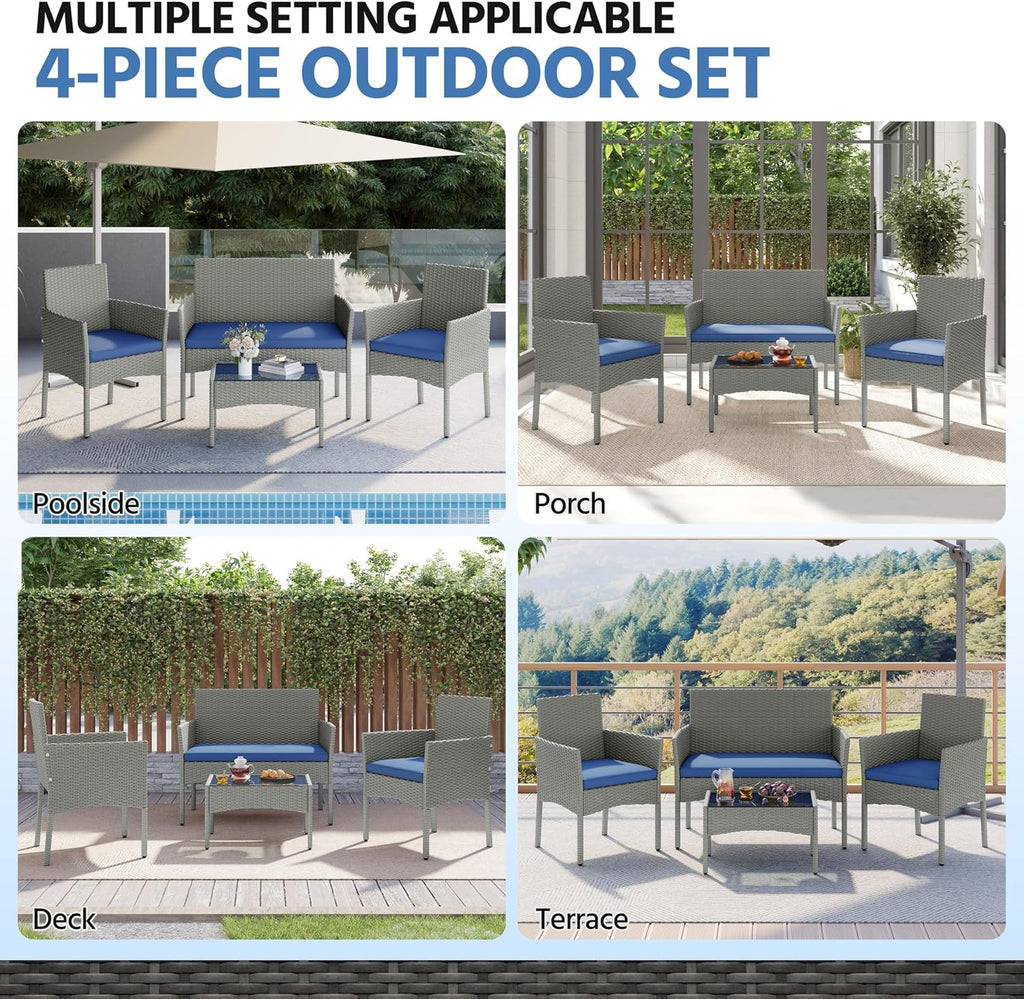 Yaheetech Patio Furniture Set 4 Pieces Conversation Sets, Rattan Chair Wicker Set Loveseat with Soft Cushion and Glass Table for Backyard Porch Garden Poolside Balcony, Gray and Dark Blue