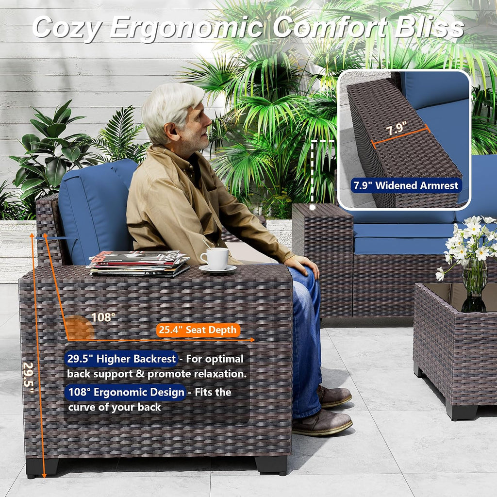 Outdoor Patio Furniture Set, 6 Pieces Outdoor Sectional Furniture High Backrest Patio Sofa, All-Weather PE Rattan Patio Conversation Set with Coffee Table & Cushions(Dark Blue).