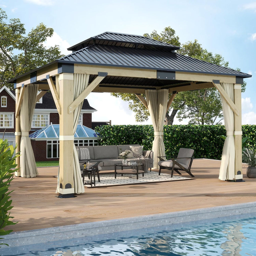 11'x13' Wood Gazebo, Hardtop Cedar Gazebos with Double Roof Galvanized Steel Top, Outdoor Solid Wooden Pavilion with Curtain & Netting for Garden, Patio, Deck, Backyard