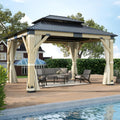 11'x13' Wood Gazebo, Hardtop Cedar Gazebos with Double Roof Galvanized Steel Top, Outdoor Solid Wooden Pavilion with Curtain & Netting for Garden, Patio, Deck, Backyard