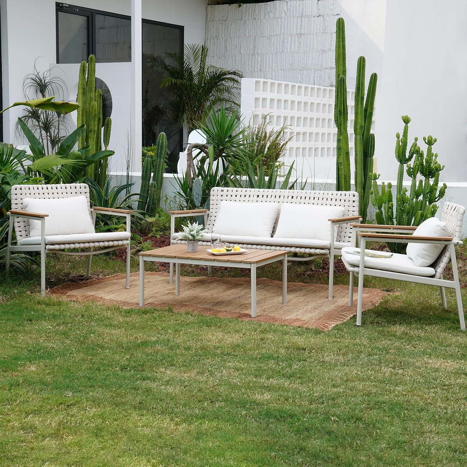 Grand patio 4-Piece Oversized Aluminum Patio Furniture Set, Extra Wide Wicker Sofa Set with E-Coated Faux Wood Grain Coffee Table and Water-Resistant Olefin Cushions