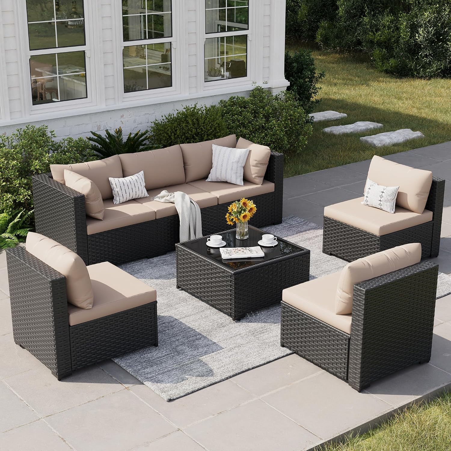 Patio Furniture Set, 7-Piece Outdoor Sectional All-Weather Wicker Patio Conversation Set for Backyard, Garden, Beige