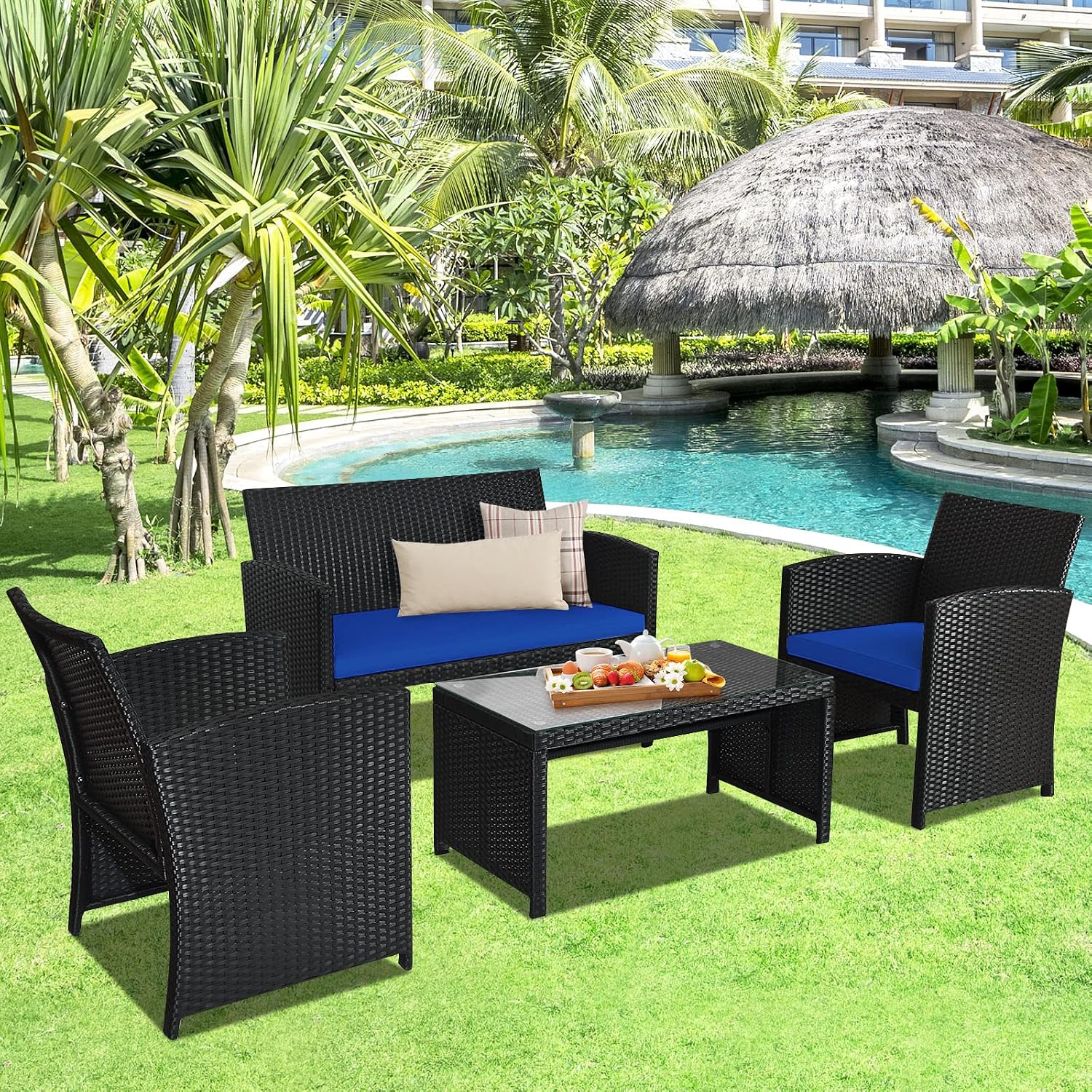 Goplus Rattan Patio Furniture Set 4 Pieces, Outdoor Wicker Conversation Sofa and Table Set with Soft Cushions & Tempered Glass Coffee Table for Balcony Garden Backyard (Blue)