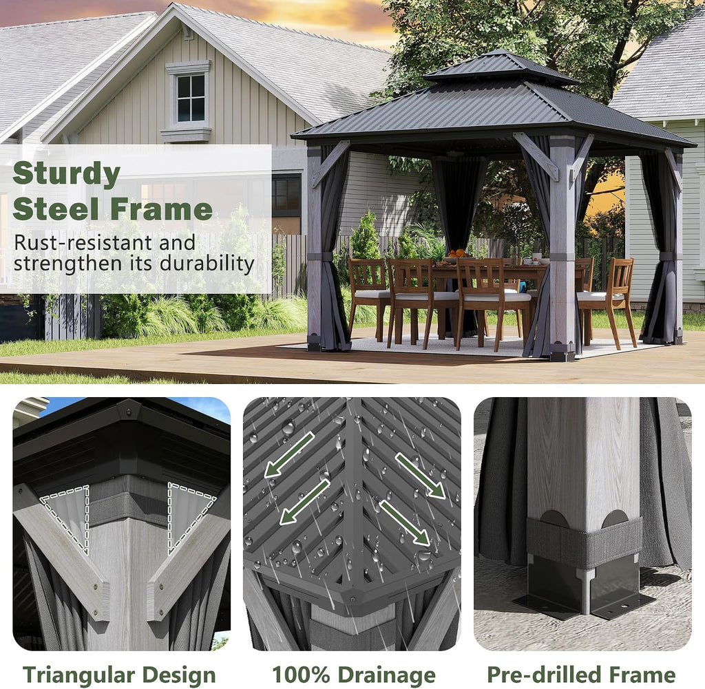 8.5x8.5FT Hardtop Wood Gazebo, Outdoor Gazebo with Cedar Wooden Pillar & Double Metal Roof - Weather-Resistant Gazebos Pavilion for Patio, Garden, Backyard (w/Netting & Gray Curtains)