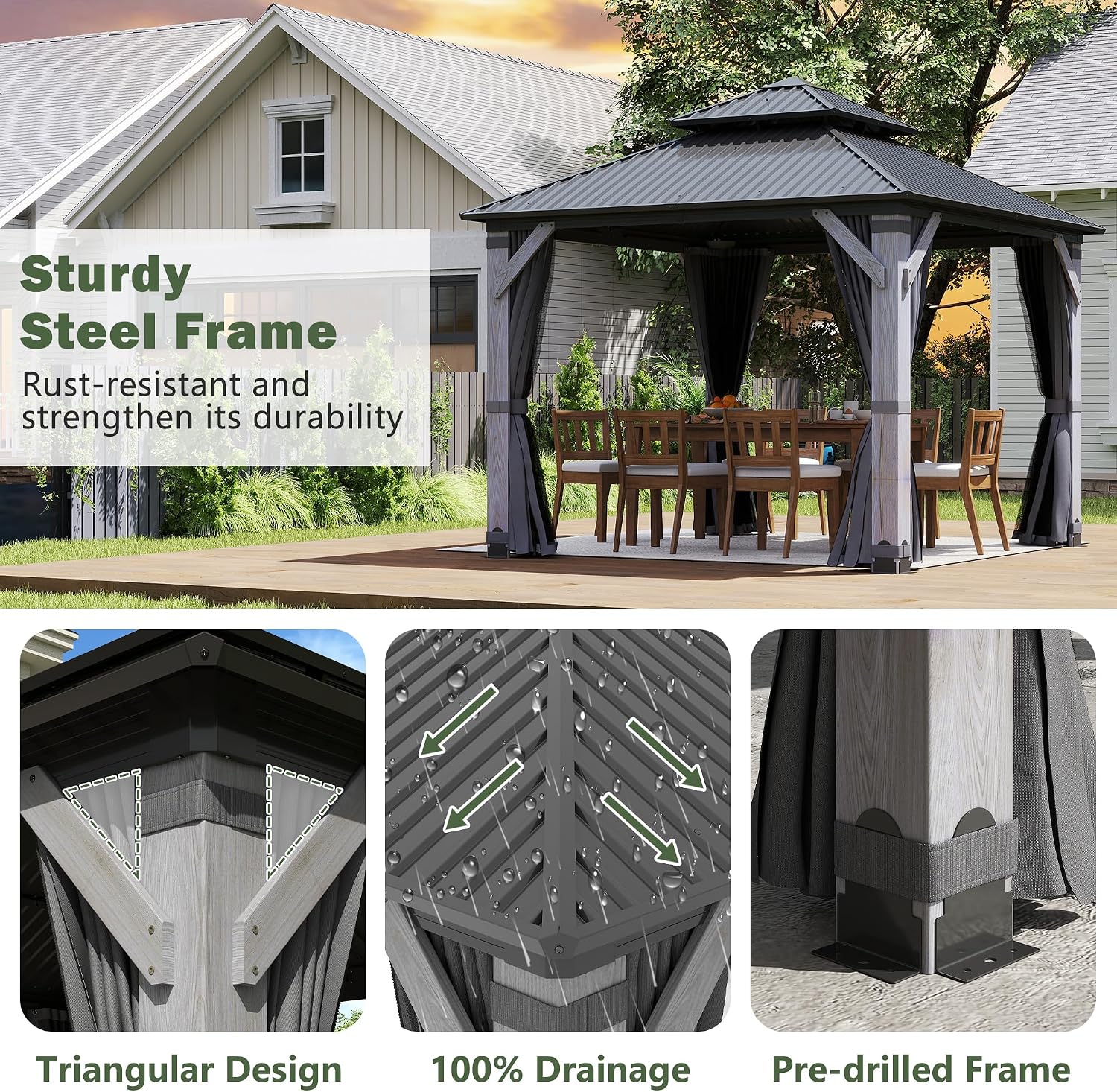 8.5x8.5FT Hardtop Wood Gazebo, Outdoor Gazebo with Cedar Wooden Pillar & Double Metal Roof - Weather-Resistant Gazebos Pavilion for Patio, Garden, Backyard (w/Netting & Gray Curtains)