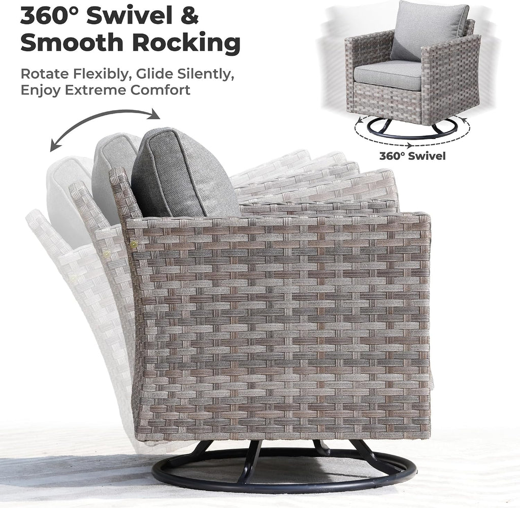 ovios 9 Pieces Patio Furniture Set, Outdoor Wicker Sectional Sofa with 42' Firepit Table Swivel Chair, Modern Modular Deep Seat Rattan Couch Conversation Sets, Dark Grey