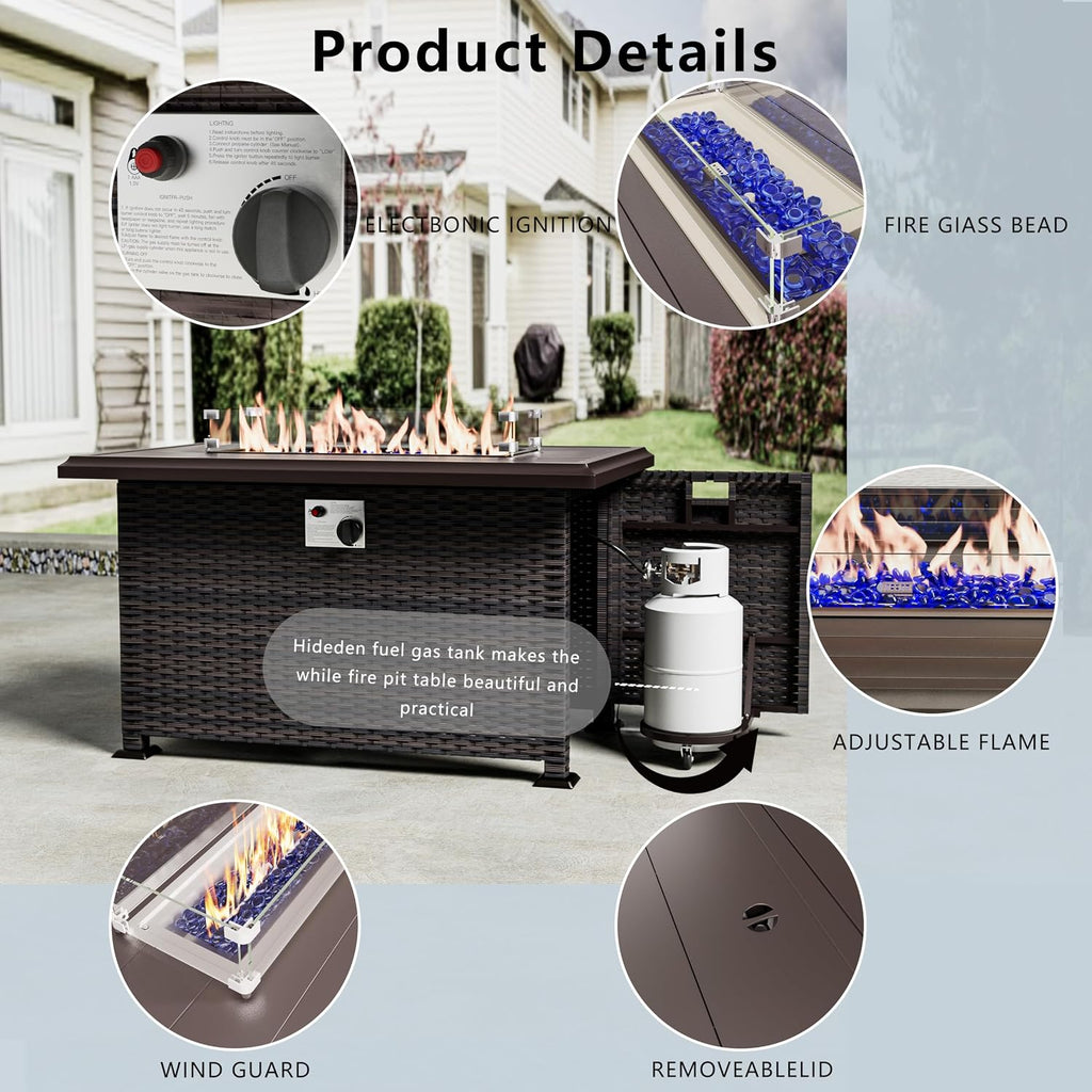 Outdoor Patio Furniture Set with Fire Pit Table, 6 Pieces Outdoor Furniture Patio Sectional Sofa PE Rattan Conversation Sets w/43 Propane Gas Firepit & Coffee Table for Outside - Grey.