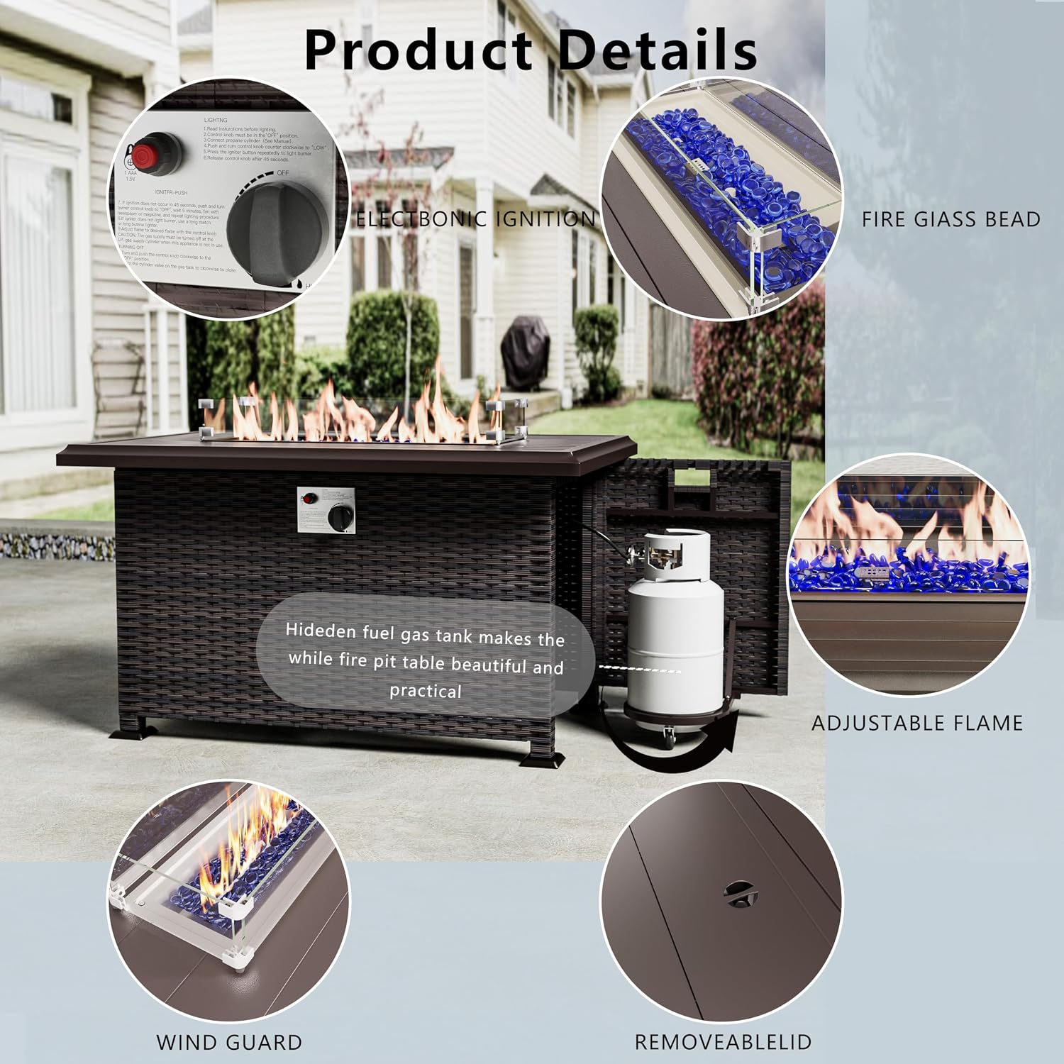 Outdoor Patio Furniture Set with Fire Pit Table, 6 Pieces Outdoor Furniture Patio Sectional Sofa PE Rattan Conversation Sets w/43 Propane Gas Firepit & Coffee Table for Outside - Grey.
