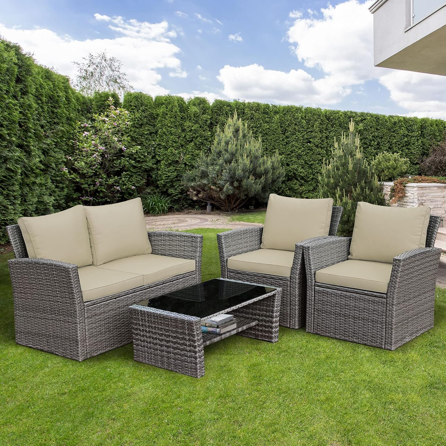 COSTWAY 4 Pieces Patio Rattan Furniture Set, Outdoor Wicker Sofa Set with Tempered Glass Coffee Table, Cushions, All Weather Rattan Conversation Set for Yard Balcony Backyard Pool (Khaki)
