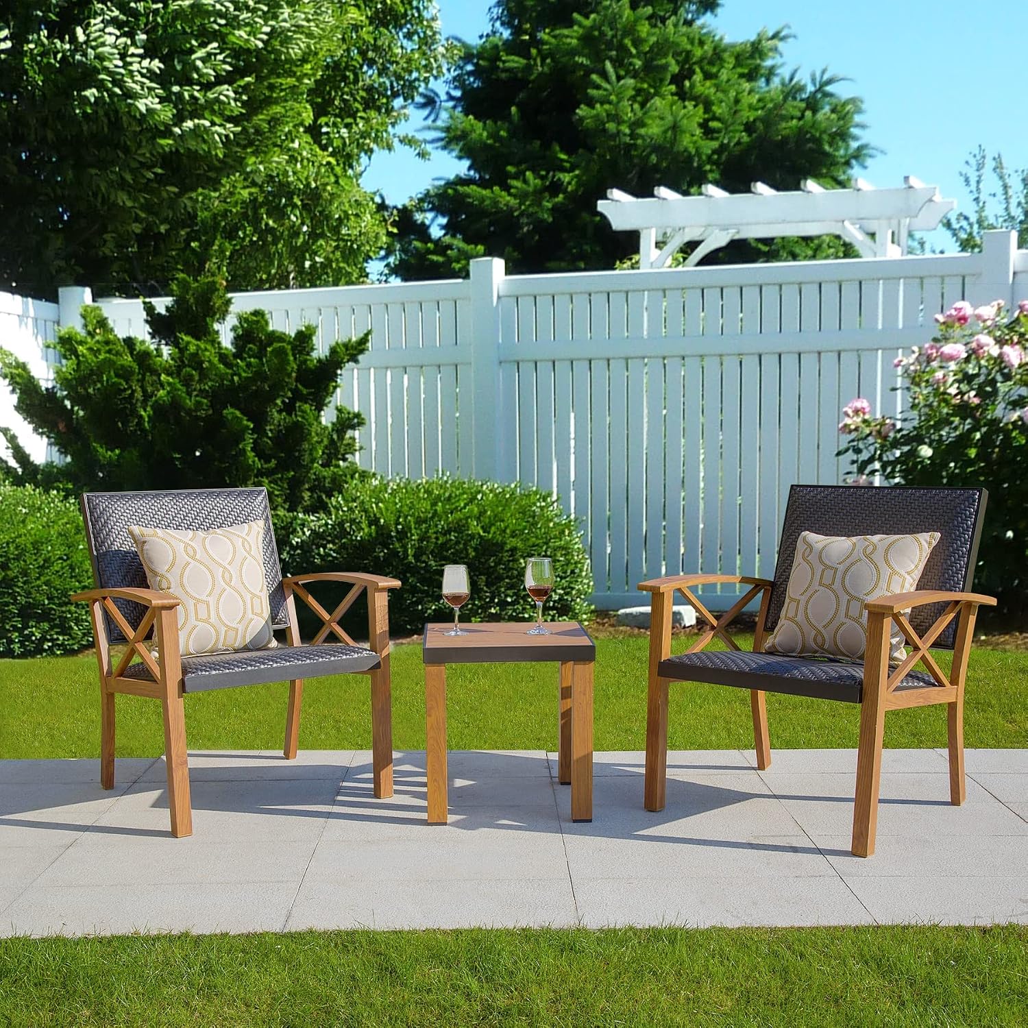 Domi Patio Bistro Set 3 Pieces with Wood Grain Aluminum Wicker Padded Porch Chairs,Coffee Table,Outdoor Conversation Set with Beige Waterproof Pillows