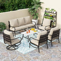 PHI VILLA 6 Piece Patio Furniture Sets with 1 x 3 Seater Padded Deep Seating Bench, 2 x Swivel Cushioned Sofa Chairs, 2 x Leg Sofa Chairs and 1 x Coffee Table, Outdoor Metal Furniture Set for 7