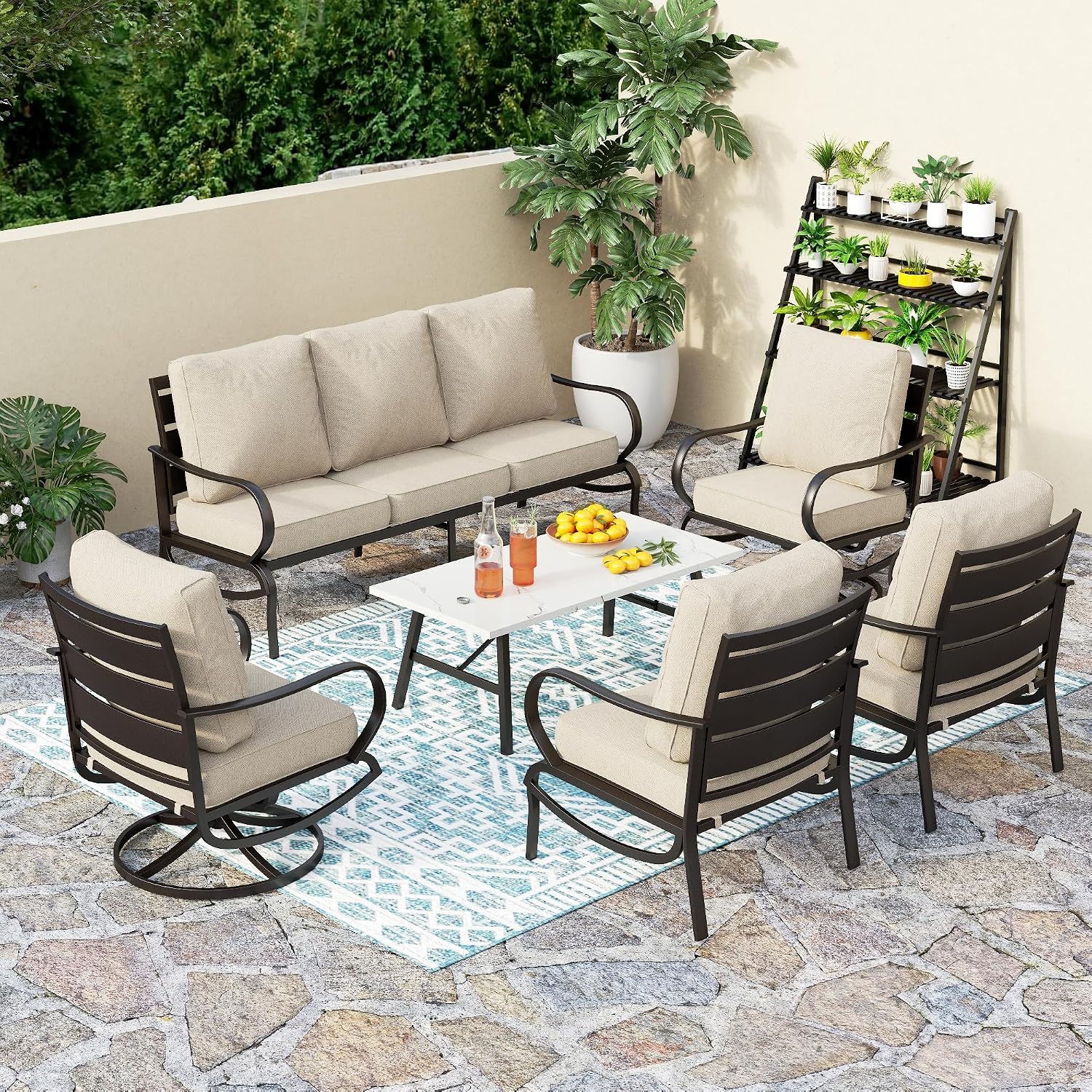PHI VILLA 6 Piece Patio Furniture Sets with 1 x 3 Seater Padded Deep Seating Bench, 2 x Swivel Cushioned Sofa Chairs, 2 x Leg Sofa Chairs and 1 x Coffee Table, Outdoor Metal Furniture Set for 7