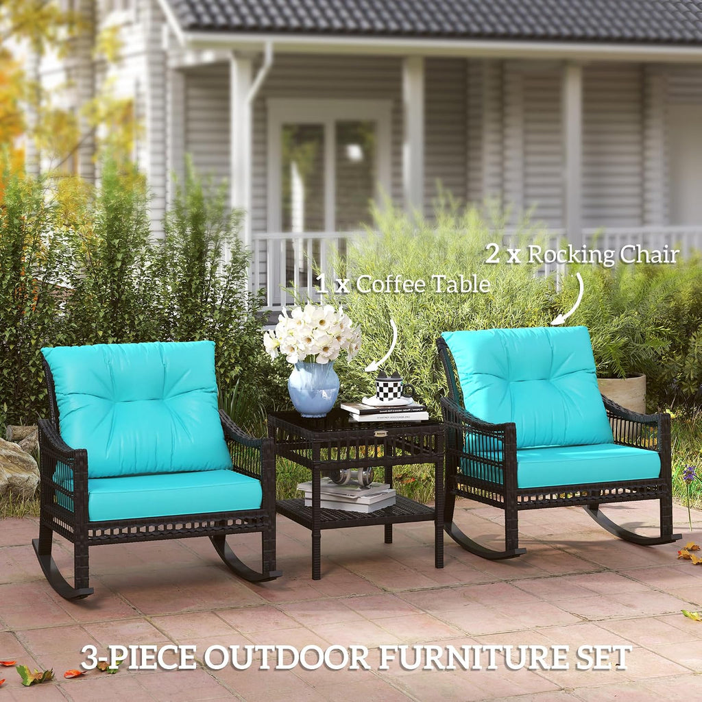 Outsunny Wicker Outdoor Rocking Chair Set, 3 Piece Patio Furniture Set with Padded Cushions and Storage Coffee Table, 2-Seater PE Rattan Bistro Set for Garden Backyard Porch, Turquoise
