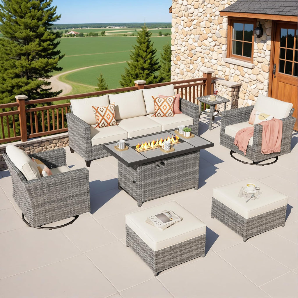 ovios 7 Pieces Patio Furniture Set with Rectangular Fire Pit Table, Swivel Rocking Chairs, Outdoor High Back Wicker Rattan Conversation Set for Deck Porch, Beige