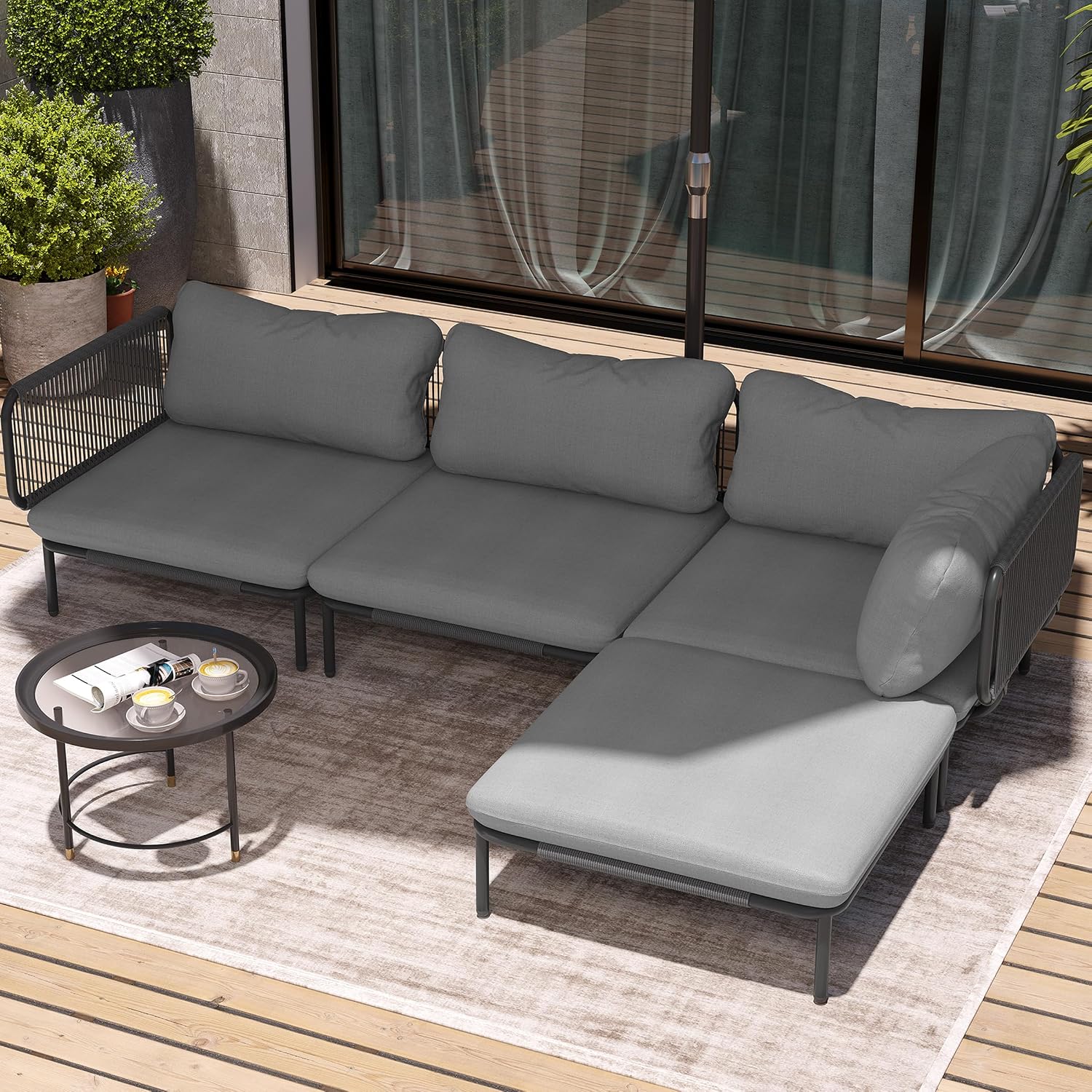4 Piece Modern Outdoor Sectional Sofa, 31' Oversized Patio Furniture Set with Olefin Woven Rope, Weather-Resistant Metal Frame and Removable Cushion, Dark Grey