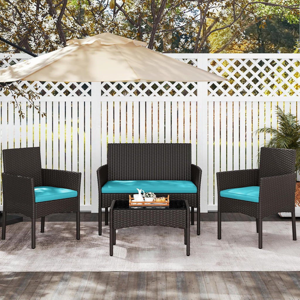 Yaheetech Patio Furniture Set 4 Pieces Conversation Sets, Rattan Chair Wicker Set Loveseat with Soft Cushion and Glass Table for Backyard Porch Garden Poolside Balcony, Brown and Cyan