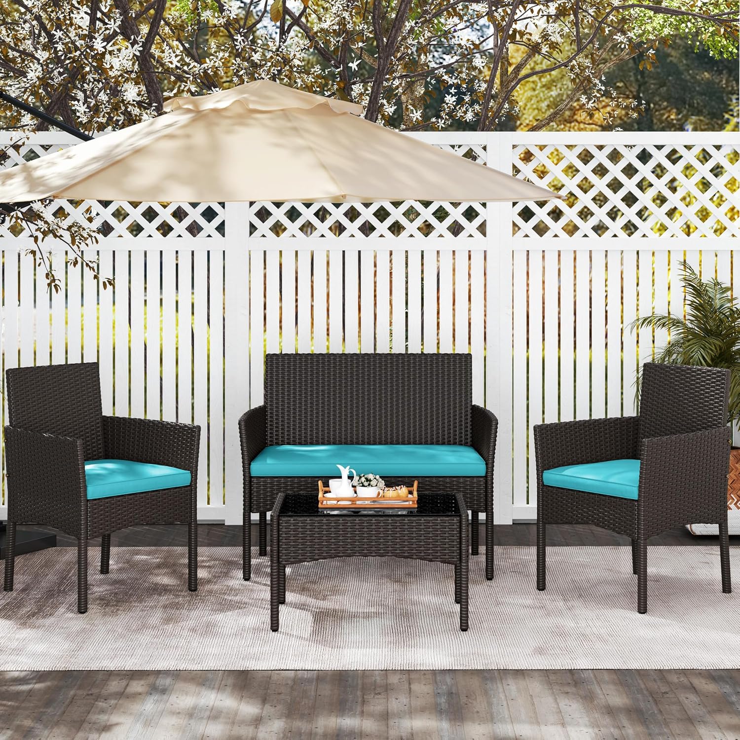 Yaheetech Patio Furniture Set 4 Pieces Conversation Sets, Rattan Chair Wicker Set Loveseat with Soft Cushion and Glass Table for Backyard Porch Garden Poolside Balcony, Brown and Cyan