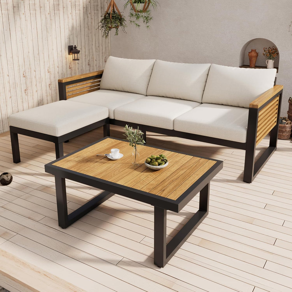 Christopher Knight Home Alvin 3-Piece Acacia Wood Metal Patio Furniture Set, Outdoor Sectional Conversation Sofa Chat Set with Coffee Table and Ottoman for Backyard or Balcony, Teak+Beige+Black
