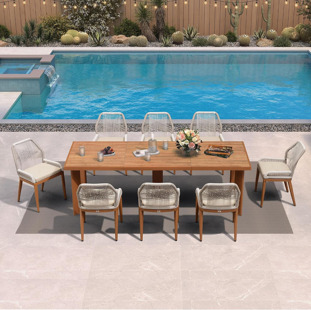 PURPLE LEAF 9 Pieces Dining Set Patio Metal Rectangular Table and Wicker Rattan Chairs for Outside Porch Garden Kitchen Modern Outdoor Furniture Sets