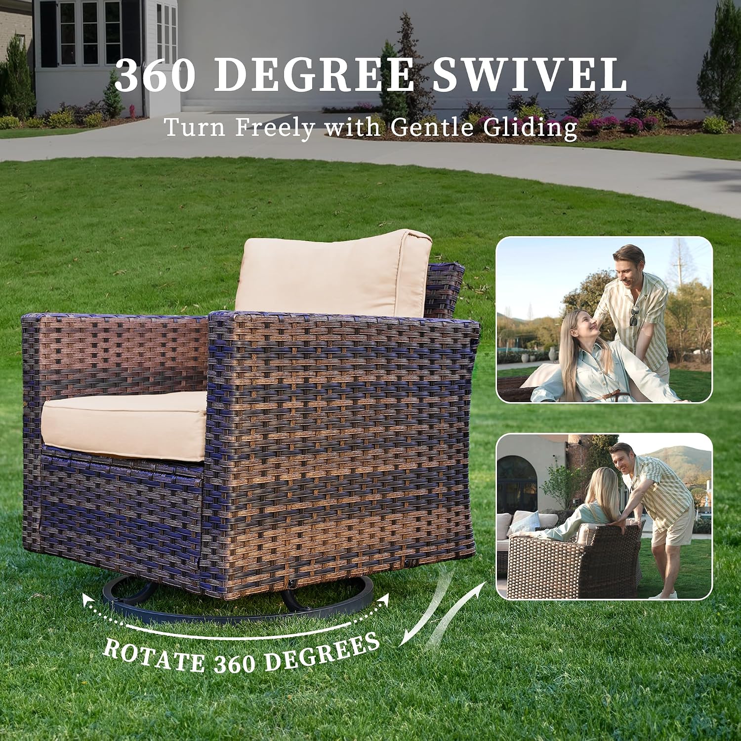 UDPATIO Patio Furniture Set with Fire Pit Table and Swivel Rocking Chairs, 5 Pieces Outdoor Wicker Furniture Set with Waterproof Cover, 4'' Thickened Cushion, Khaki