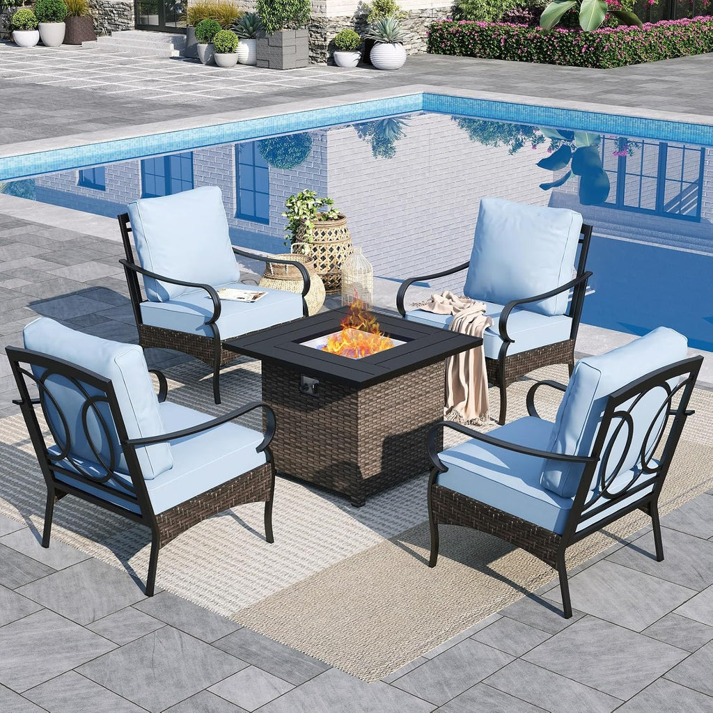 Sophia & William Patio Furniture Set with Fire Pit Table, 5 PCS Metal Outdoor Conversation Set Sofa Couch with Fire Pit Table, 4 Sofa Chairs for Outdoor Seating,Backyard,Porch(Blue)