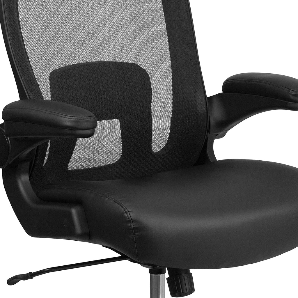 Flash Furniture Big & Tall Swivel Office and Gaming Chair with LeatherSoft Seat, Mesh Office Chair with Flip-Up Armrests and Adjustable Height, Black