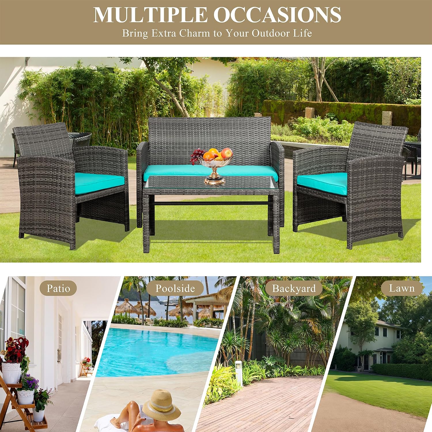 JAMFLY 4 Piece Outdoor Patio Furniture Set, Outdoor Wicker Rattan Chairs Conversation Sets with Cushions & Coffee Table for Outside, Garden, Balcony, Porch, Blue