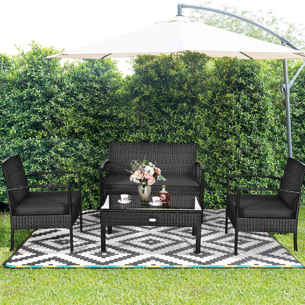 HAPPYGRILL 4-Piece Patio Conversation Set Outdoor Rattan Wicker Sofa & Coffee Table Furniture Set for Patio Garden Poolside