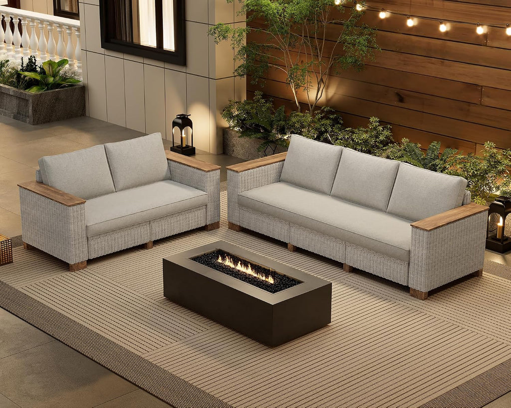 PaPaJet 5-Piece Wicker Patio Furniture Set with Solid Wood Armrest, Outdoor Patio Set with Thick Legs, UV-Resistant Modular Outdoor Sectional Sofa for Backyard, Porch, Garden