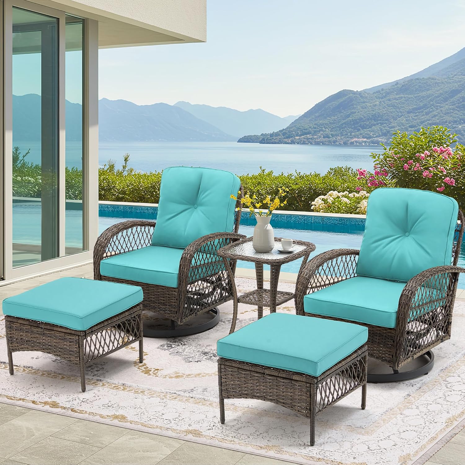 EROMMY 5 Pieces Outdoor Swivel Rocker Patio Chairs, 360 Degree Rocking Patio Conversation Set with Thickened Cushions, Glass Coffee Table and Ottomans for Backyard, Blue