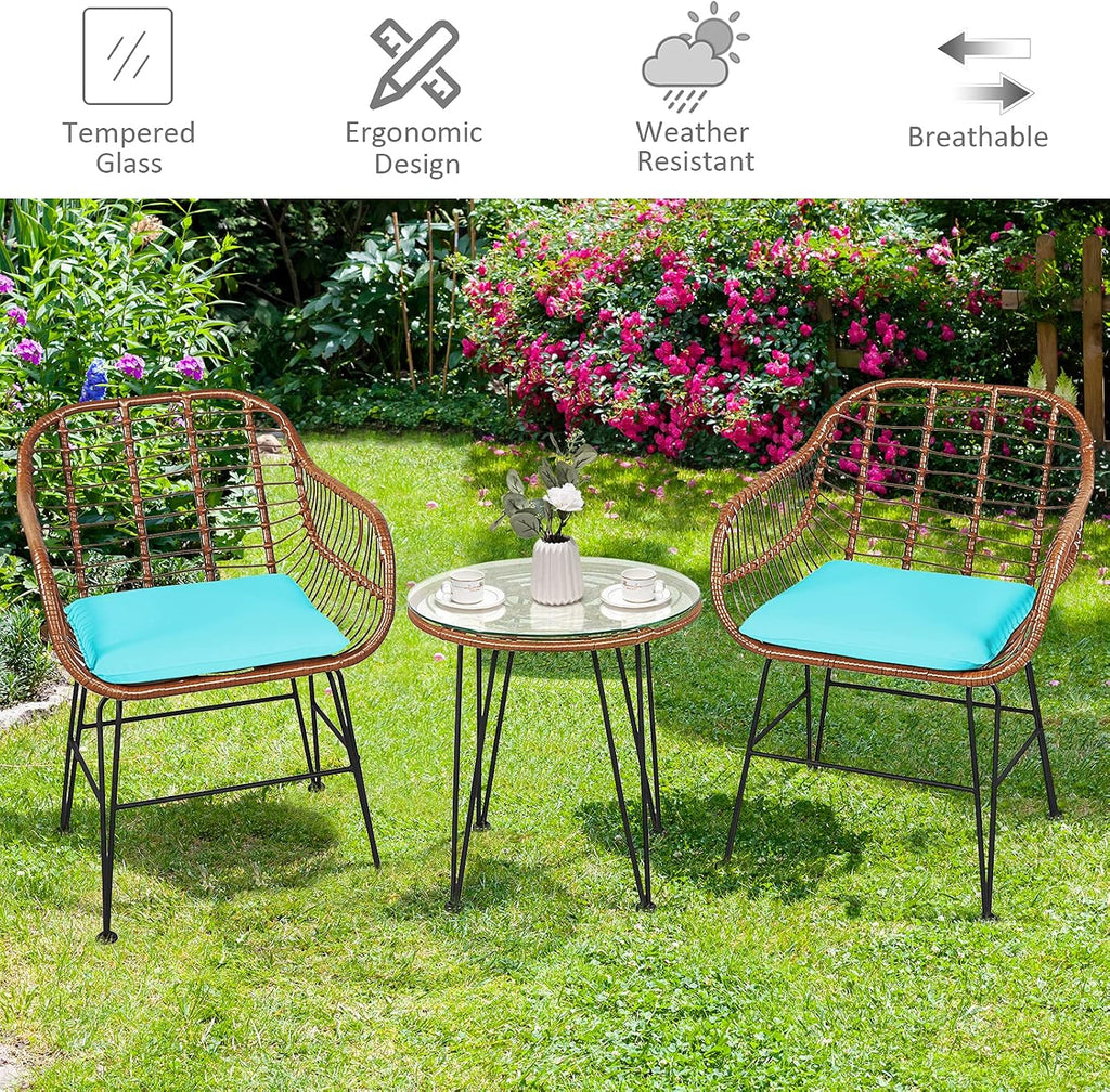 Tangkula 3 Pieces Patio Conversation Bistro Set, Outdoor Wicker Furniture w/Round Tempered Glass Top Table & 2 Rattan Armchairs, Bistro Chat Set w/Seat Cushions for Porch, Backyard, Garden