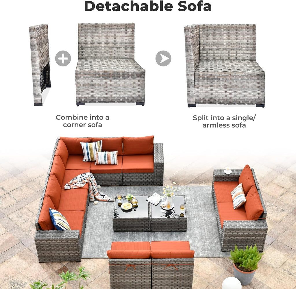 ovios 12 Pieces Patio Furniture Set, Outdoor Wicker Sectional Sofa with Coffee Table Comfy Cushions, Modern Modular Deep Seat Couch Rattan Conversation Set, Orange Red