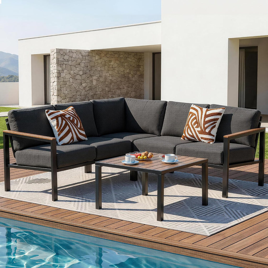 NATURAL EXPRESSIONS 6 Pieces Patio Furniture Set, Outdoor Couch with Thick Olefin Cushions, Fauxwood Armrest and Tabletop, Ergonomic Highback, Sectional Outdoor Furniture for Backyard, Deck Dark Grey