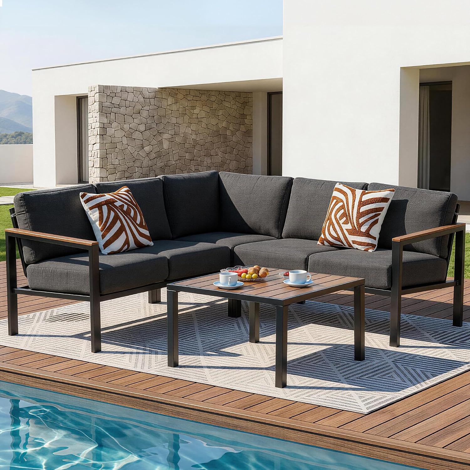 NATURAL EXPRESSIONS 6 Pieces Patio Furniture Set, Outdoor Couch with Thick Olefin Cushions, Fauxwood Armrest and Tabletop, Ergonomic Highback, Sectional Outdoor Furniture for Backyard, Deck Dark Grey