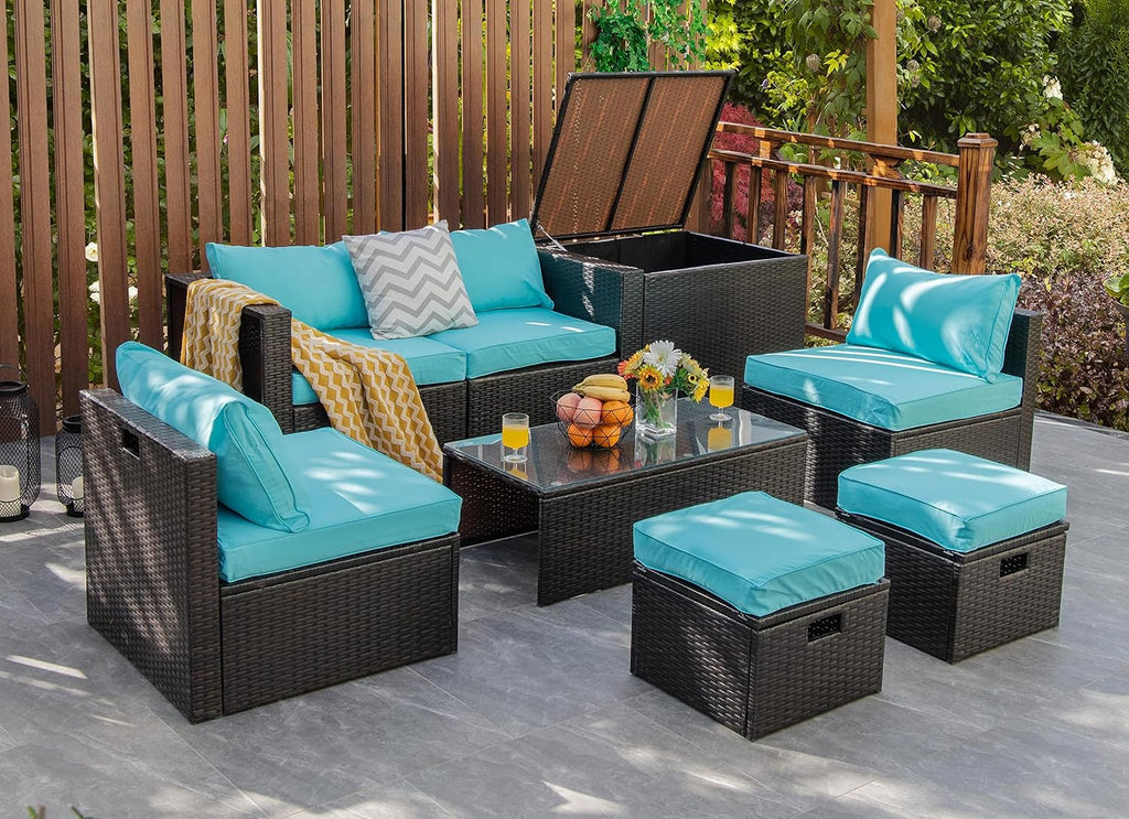 Tangkula 8 Piece Patio Furniture Set, Patiojoy Outdoor Space Saving PE Rattan Sectional Sofa Set for 6 with Waterproof Cover, for Garden, Deck, Poolside and Balcony (Turquoise)