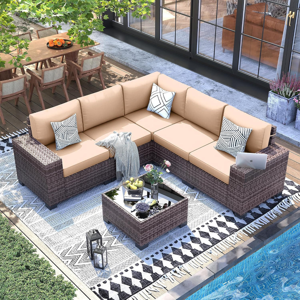 UDPATIO Patio Furniture Set, 8 Inch Armrest Outdoor Sectional Sofa with Wicker Coffee Table, 6 Piece Conversation for Garden, Backyard, Khaki